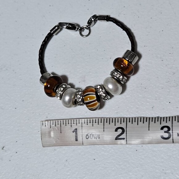 Elegant Brown White Beaded Bracelet Rhinestone Accents Boho Fashion Jewelry - Picture 3 of 3